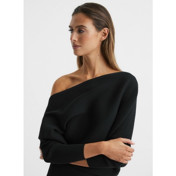 Reiss Black Lara Off-The-Shoulder Ribbed Midi Dress Knit Sweater - Picture 5 of 16